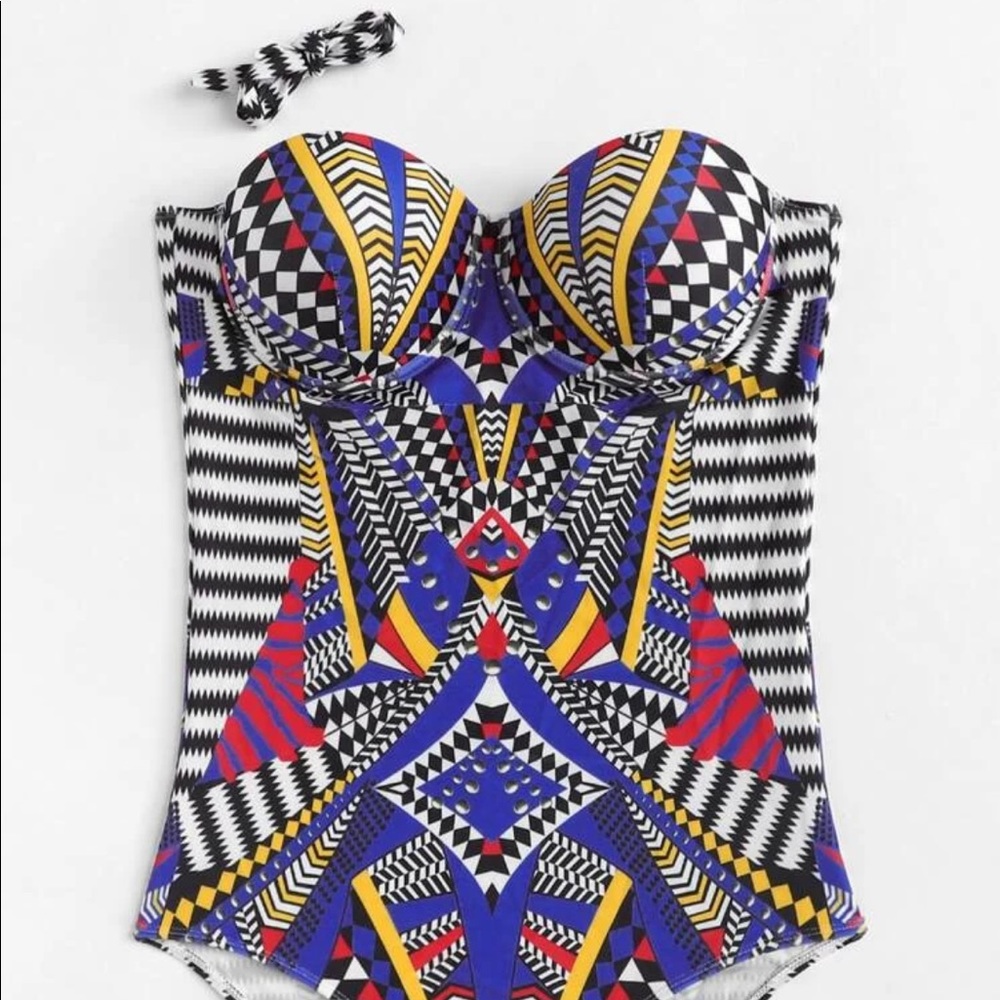 Mixed Print Bandeau One Piece Swimsuit